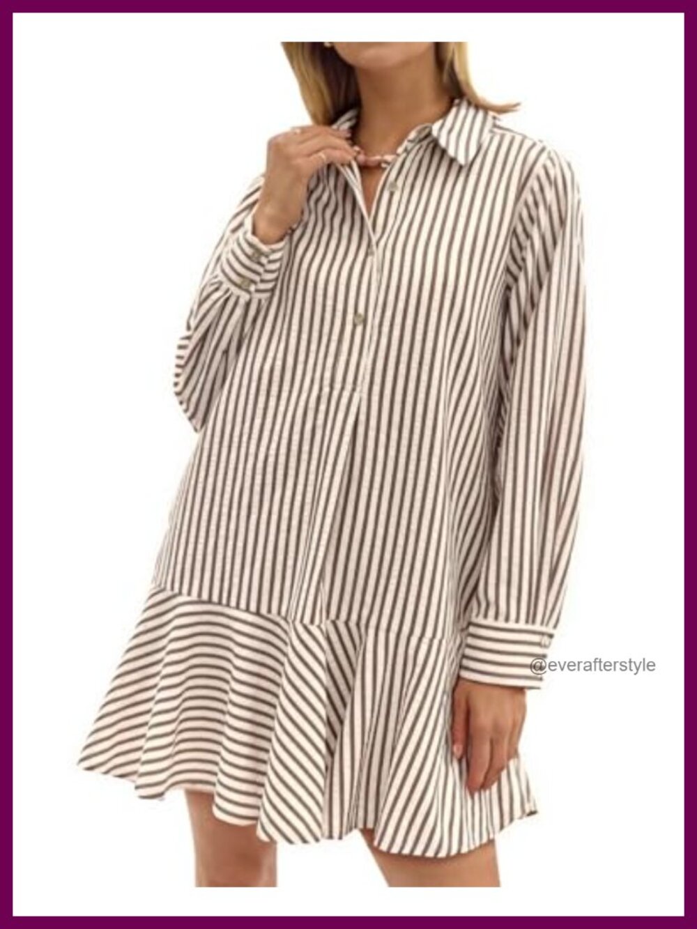 Striped Shirt Mini Dress Long Sleeve Collared Ruffle Hem Button Up Tunic Flowy